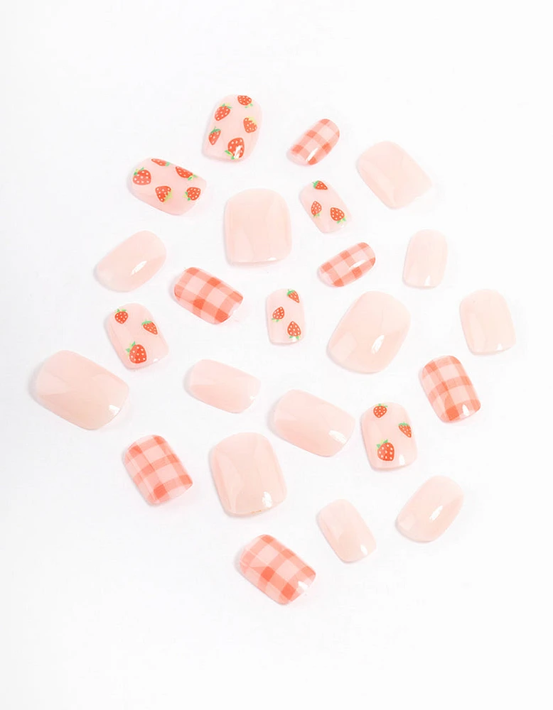 Tweens Strawberry & Checkered Press On Nails