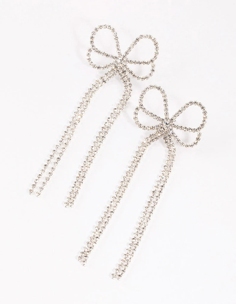 Silver Big Bow Diamante Drop Earrings