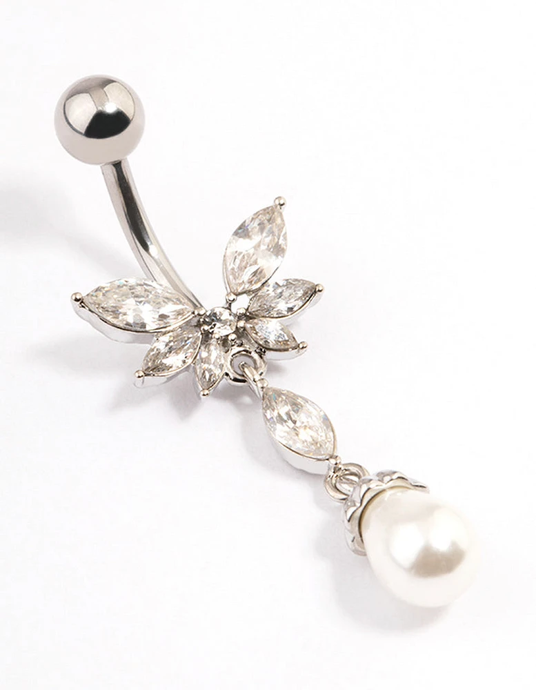 Surgical Steel Crystal Pearl Drop Belly Ring