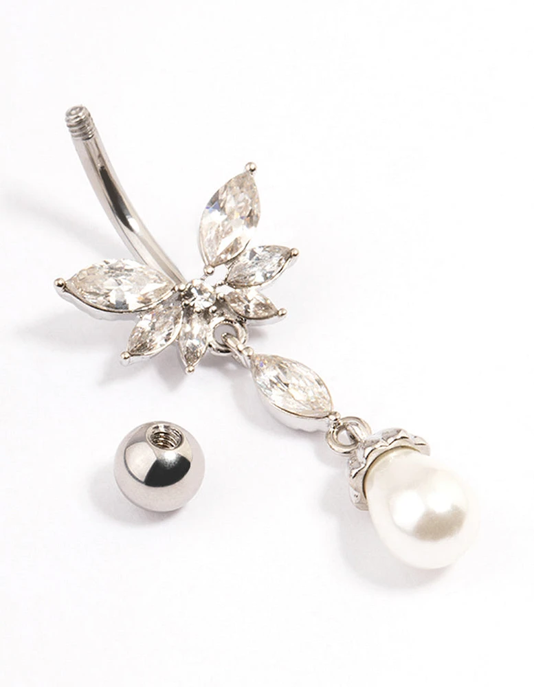 Surgical Steel Crystal Pearl Drop Belly Ring