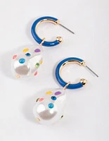 Blue Enamel Pearl Hoop Earrings