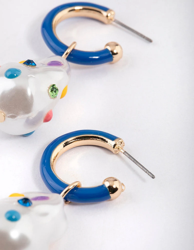 Blue Enamel Pearl Hoop Earrings