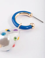 Blue Enamel Pearl Hoop Earrings