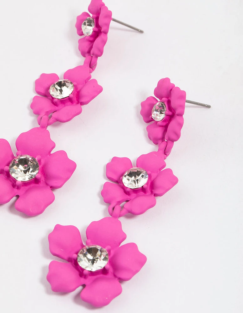 Coated Pink Flower Crystal Stone Drop Earrings