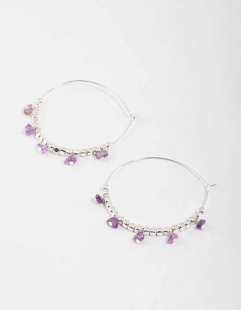 Silver Amethyst Mixed Beaded Hoop Earrings