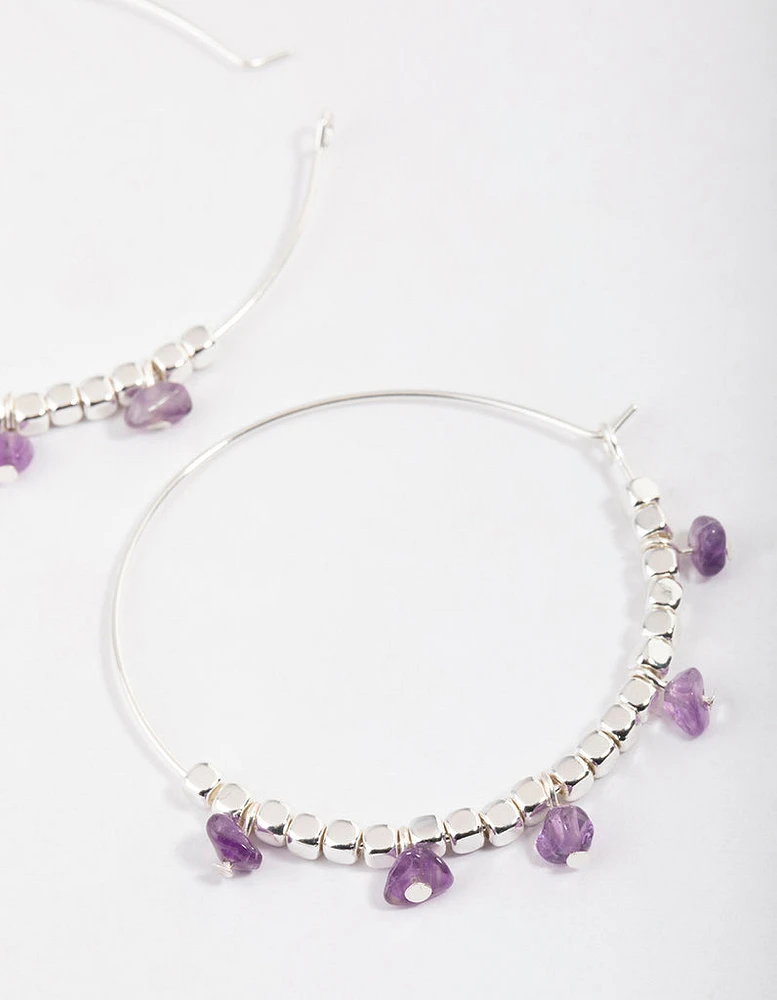 Silver Amethyst Mixed Beaded Hoop Earrings