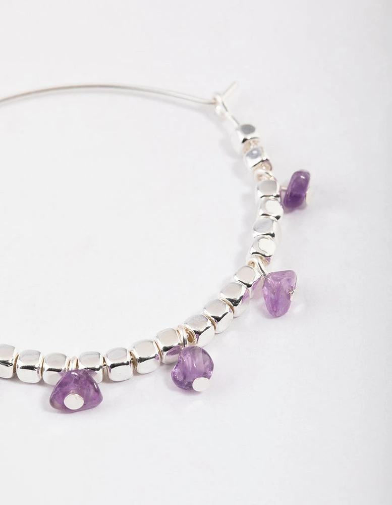 Silver Amethyst Mixed Beaded Hoop Earrings