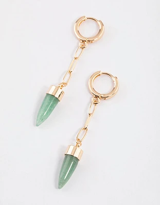 Gold Green Aventurine Chain Pointy Dome Earrings