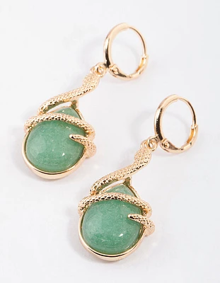 Gold Green Aventurine Snake Wrap Drop Earrings