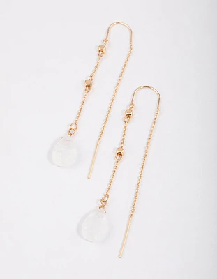 Gold Clear Quartz Threaded Chain Earrings