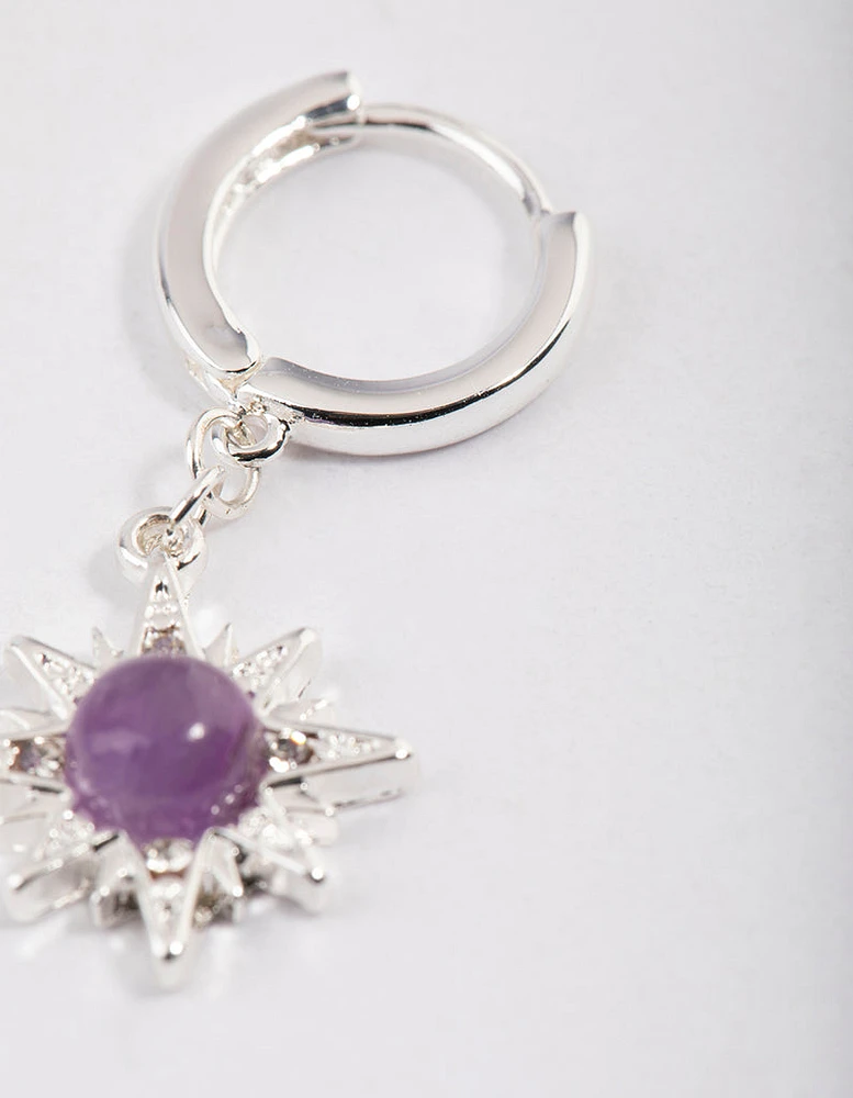 Silver Amethyst Starburst Huggie Earrings