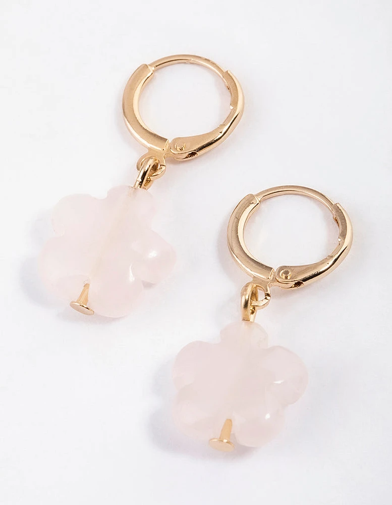 Gold Rose Quartz Flower Huggie Earrings