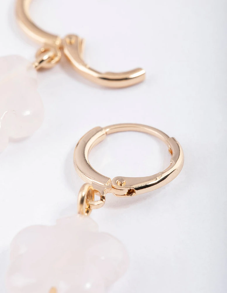 Gold Rose Quartz Flower Huggie Earrings