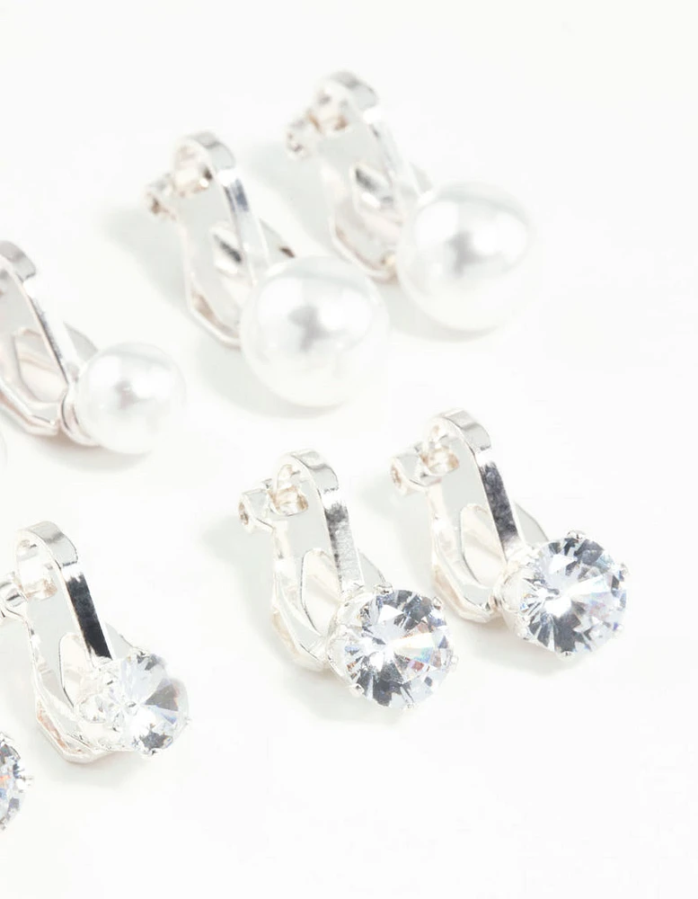 Silver Pearl & Diamante Clip On Earrings 5-Pack