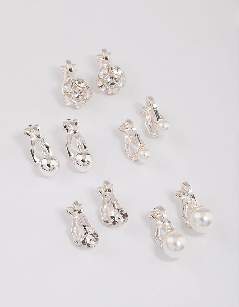 Silver Pearl & Diamante Ball Clip On Earrings 5-Pack