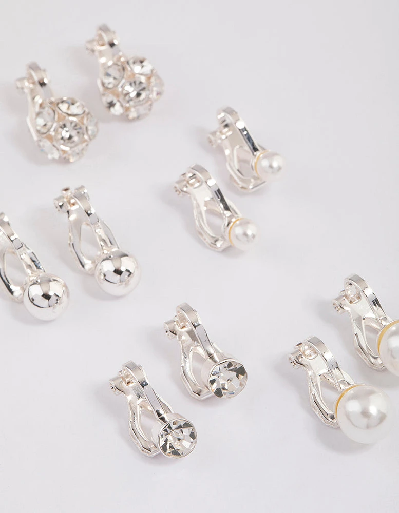 Silver Pearl & Diamante Ball Clip On Earrings 5-Pack