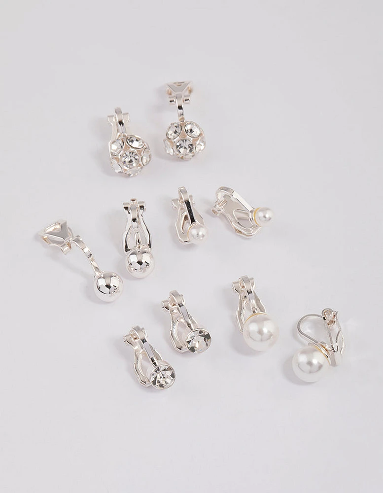 Silver Pearl & Diamante Ball Clip On Earrings 5-Pack