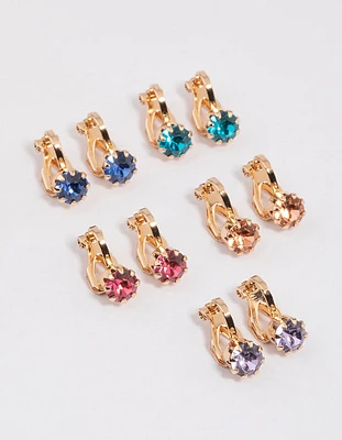 Gold Simple Diamante Clip On Earrings 5-Pack