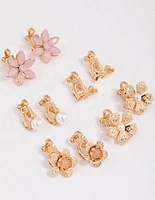 Gold Pretty Flower Clip On Earrings 5-Pack