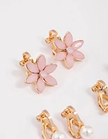 Gold Pretty Flower Clip On Earrings 5-Pack