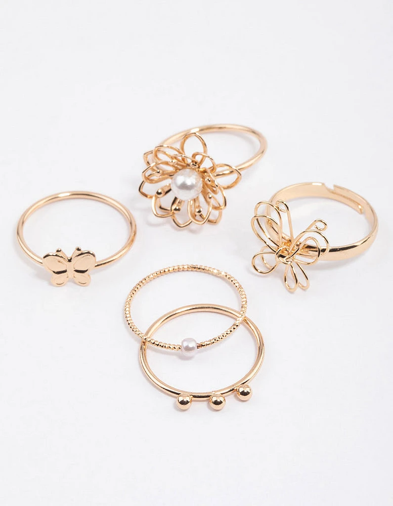 Gold Wire Flower & Butterfly Ring Pack