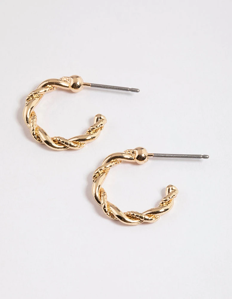 Gold Rope Twisted Huggie Earrings