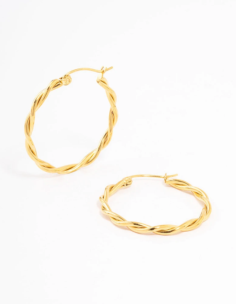 Gold Plated Stainless Steel Medium Thin Twisted Hoop Earrings