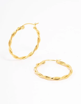 Waterproof Gold Plated Stainless Steel Medium Thin Twisted Hoop Earrings