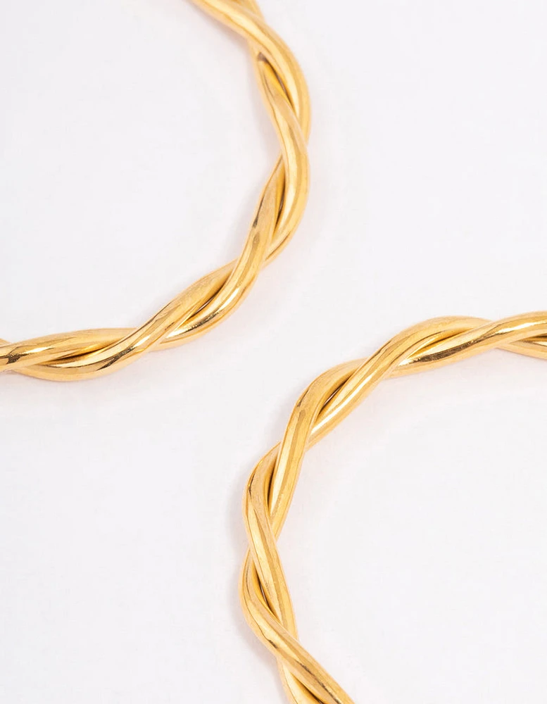 Gold Plated Stainless Steel Medium Thin Twisted Hoop Earrings