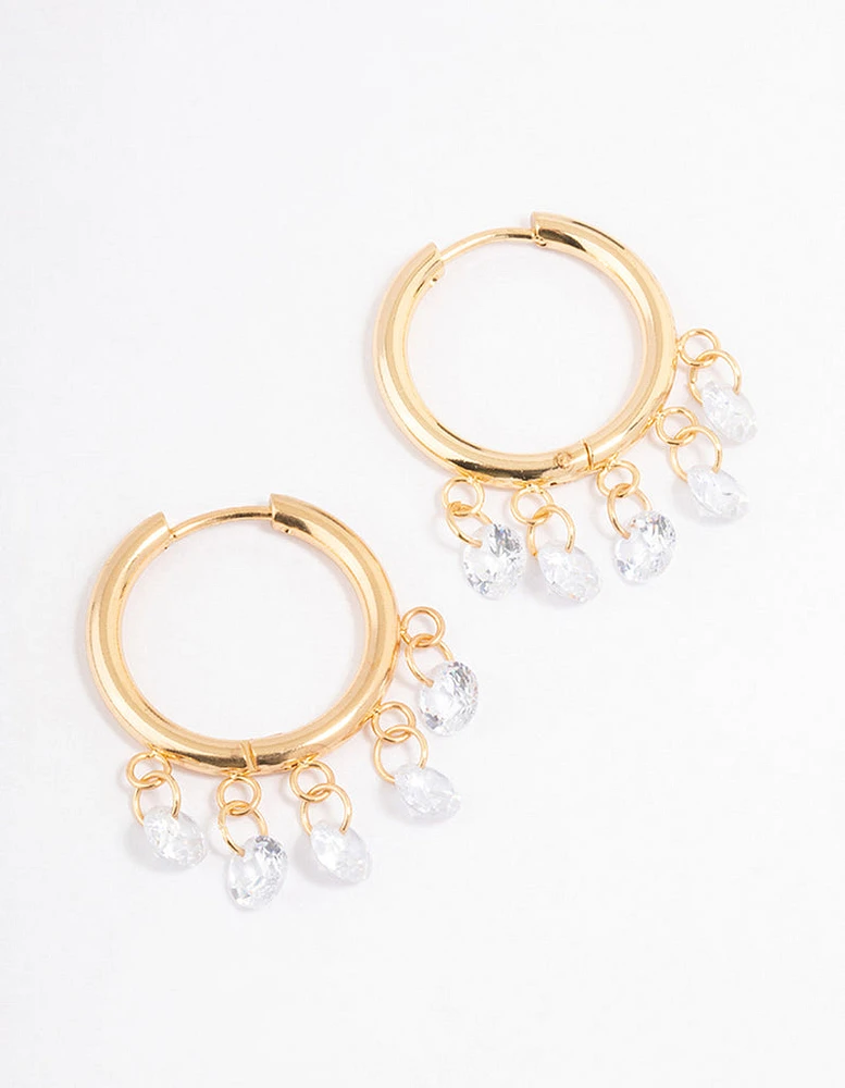 Waterproof Gold Plated Stainless Steel Cubic Zirconia Droplet Hoop Earrings