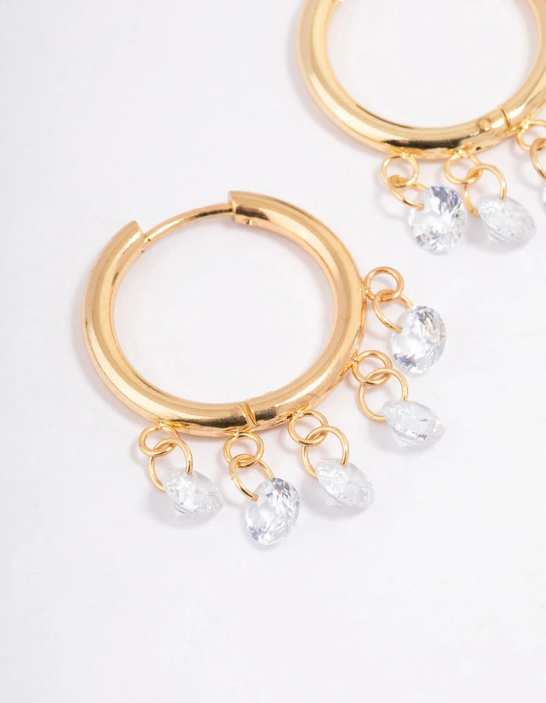 Waterproof Gold Plated Stainless Steel Cubic Zirconia Droplet Hoop Earrings