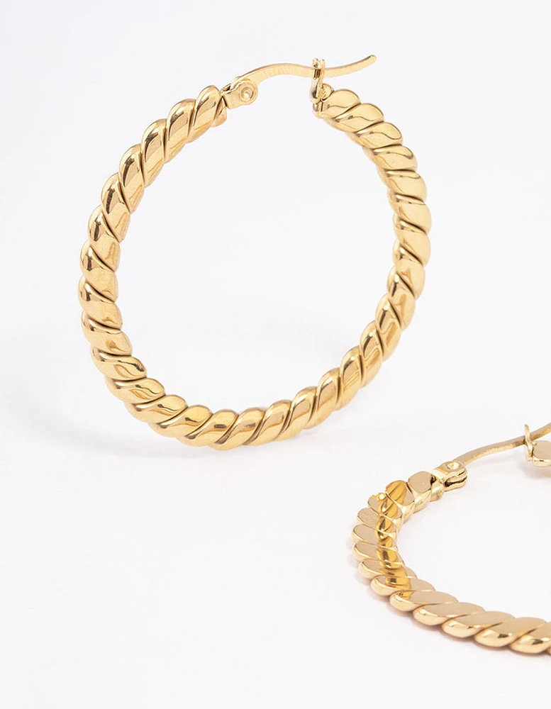 Gold Plated Stainless Steel Wide Flat Twisted Hoop Earrings