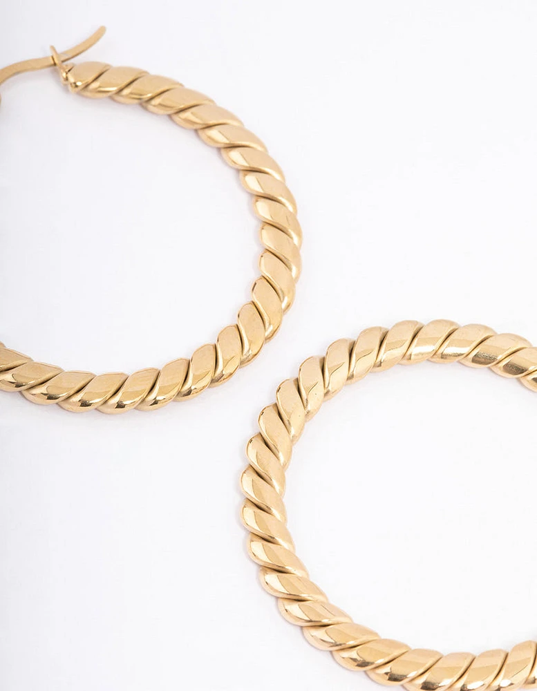 Gold Plated Stainless Steel Wide Flat Twisted Hoop Earrings