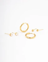 Gold Plated Stainless Steel Basic Cubic Zirconia Earrings Pack