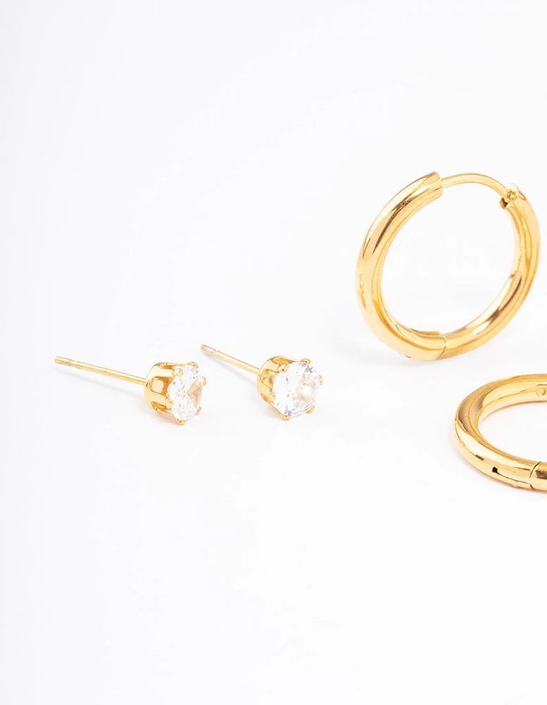 Gold Plated Stainless Steel Basic Cubic Zirconia Earrings Pack