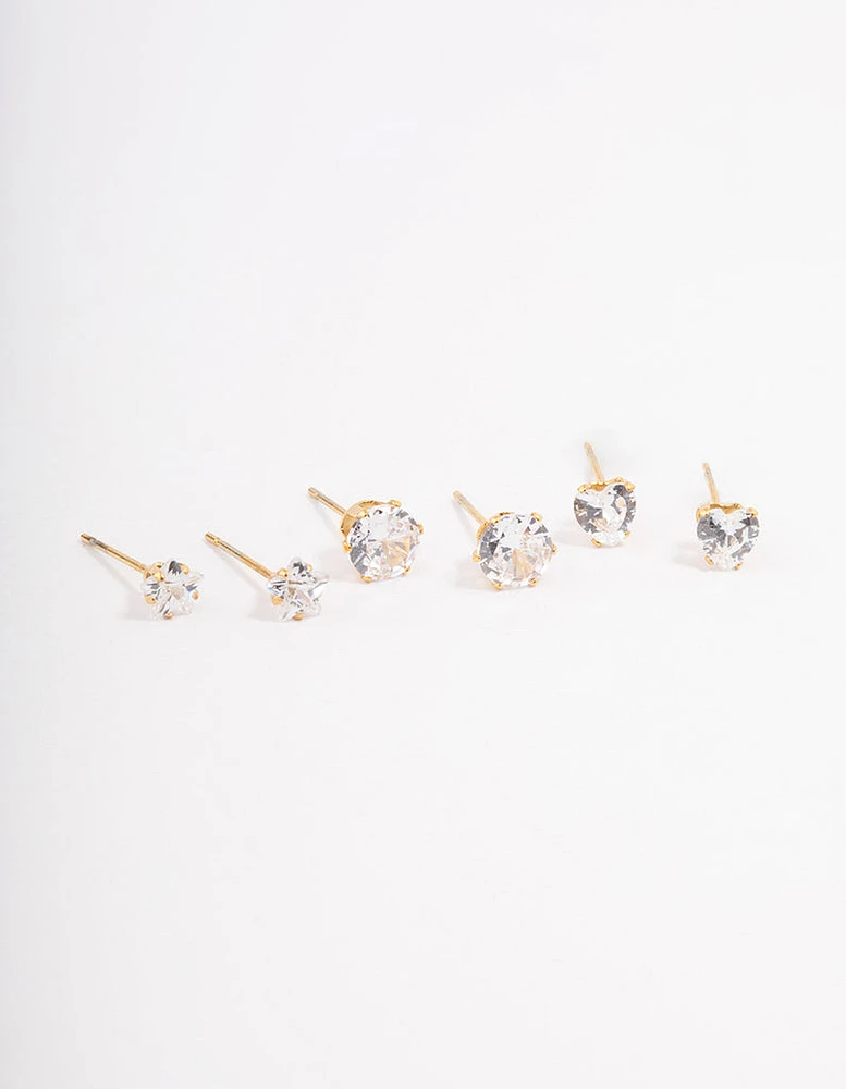 Gold Plated Stainless Steel Star & Heart Stud Earrings Pack