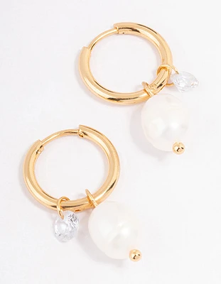 Gold Plated Stainless Steel Classic Freshwater Pearl & Cubic Zirconia Huggie Earrings