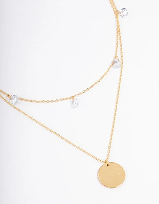 Gold Plated Stainless Steel Cubic Zirconia Droplet & Disc Necklace