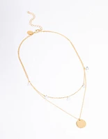 Gold Plated Stainless Steel Cubic Zirconia Droplet & Disc Necklace