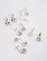 Silver Paved Heart Flower Clip On Earrings 5-Pack