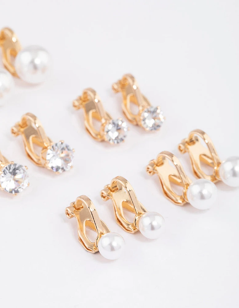 Gold Pearl & Diamante Clip On Earrings 5-Pack