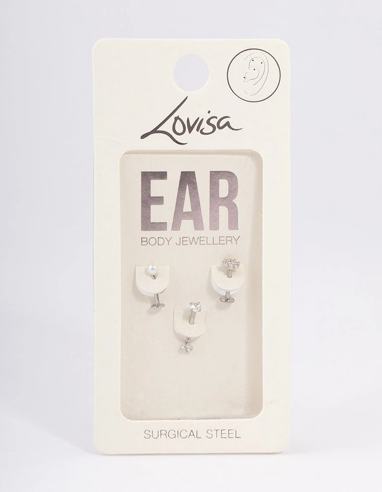 Surgical Steel Cubic Zirconia Pearl & Flower Earrings Pack