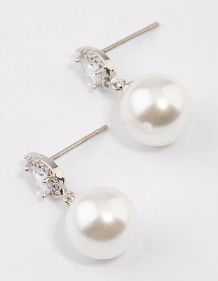 Rhodium Diamante Pear & Pearl Drop Earrings