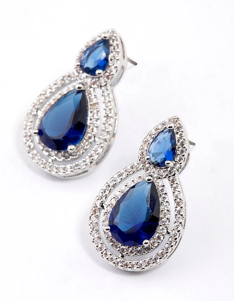 Rhodium Double Graduating Pear Stud Earrings