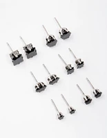 Silver Black Multi Stud Earrings Set 6-Pack