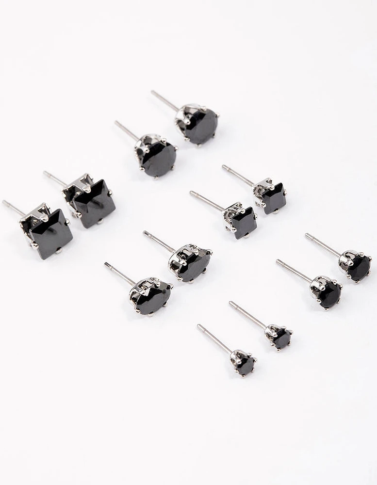 Silver Black Multi Stud Earrings Set 6-Pack