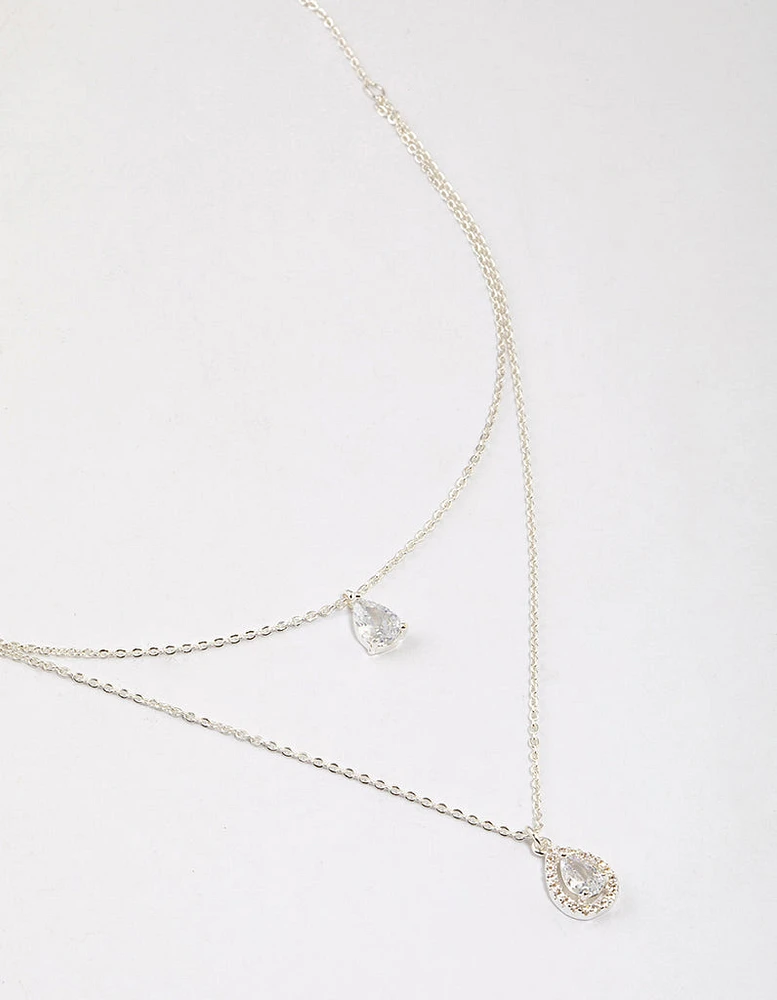 Silver Double Pear Layered Necklace