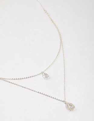 Silver Double Pear Layered Necklace