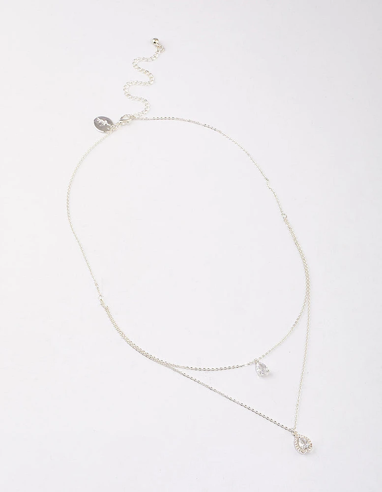 Silver Double Pear Layered Necklace