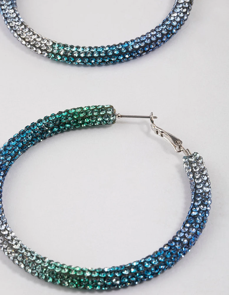 Rhodium Blue Jet Crusted Hoop Earrings